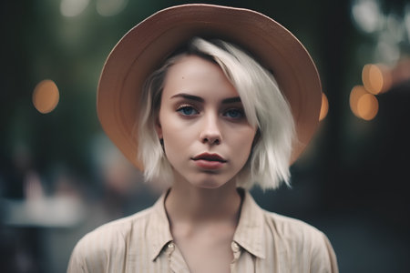 Portrait of a beautiful blonde girl in a hat on the streetの素材