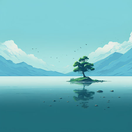 Lonely pine on the island in the lake. Vector illustrationの素材
