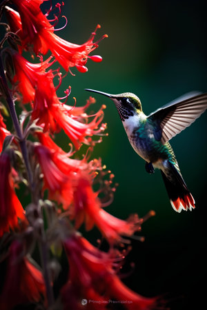 Ruby-throated Hummingbird (archilochus colubris) feeding on red flowers.の素材