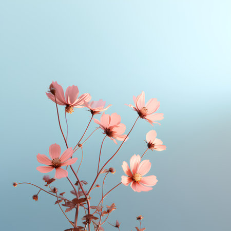 Pink cosmos flowers on blue background. Floral card. Vector illustration.の素材
