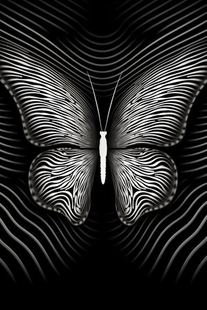 Black and white butterfly on a black background. Psychedelic image.の素材