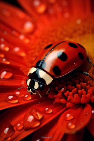 Macro of ladybug on red gerbera flower with water dropsの素材