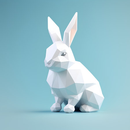 Realistic low poly easter bunny isolated on blue background. Vector illustration.の素材