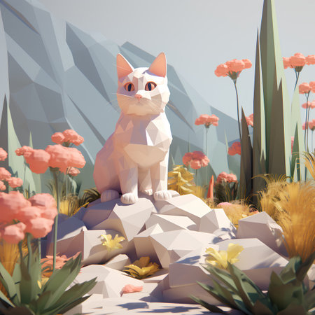 Cute cat sitting on the top of a rock surrounded by flowersの素材