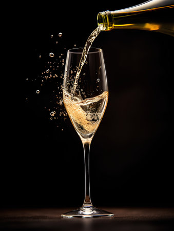 Pouring champagne into a glass on a black background, close-upの素材