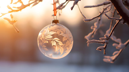 Decorative Easter egg hanging on the branches of a tree in the winter forest.の素材