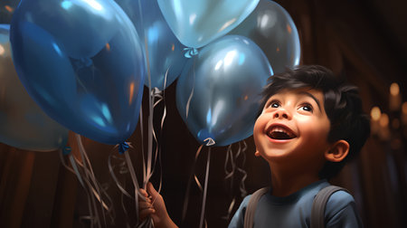 3D illustration of a boy holding a bunch of blue balloons.の素材
