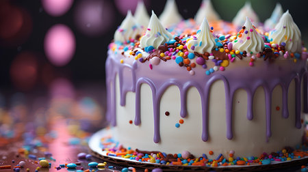 Birthday cake with colorful sprinkles on blurred background, closeupの素材