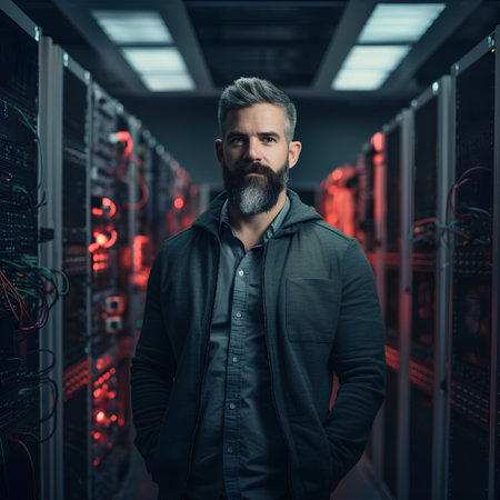 Portrait of a bearded man in a datacenter server room.の素材