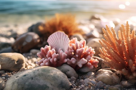 Coral and shell on the beach at sunset. Shallow depth of fieldの素材