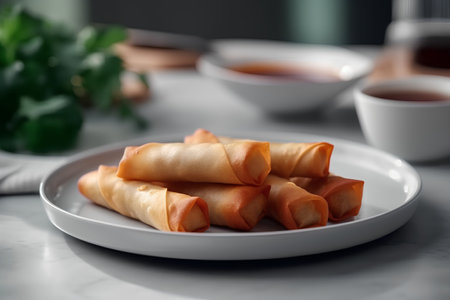 Fried spring rolls on a white plate with a cup of teaの素材