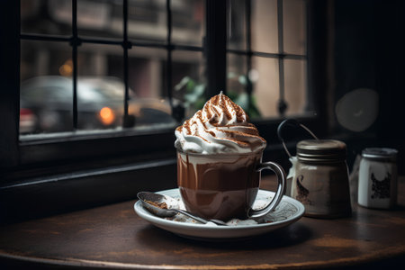 Hot chocolate with whipped cream in a glass cup on a wooden table.の素材