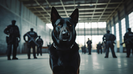 Portrait of a German shepherd dog in a hall of a buildingの素材