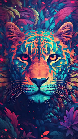 Lion face in the jungle. Colorful illustration for your designの素材