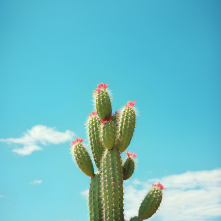 Cactus with red flowers on blue sky background. Minimal style.の素材
