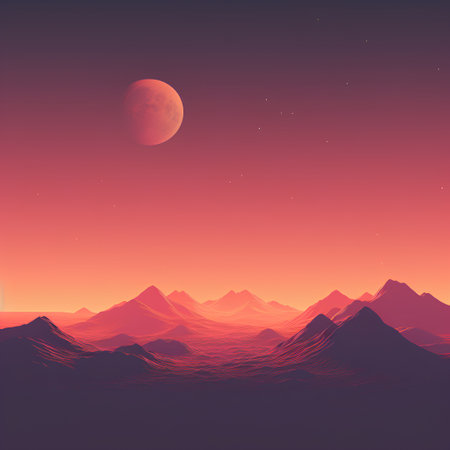 Landscape with mountains and the moon in the sky. Vector illustration.の素材