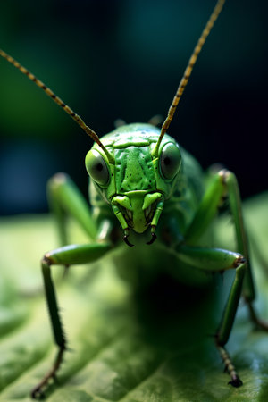 Green grasshopper on a green leaf close-up macro photographyの素材