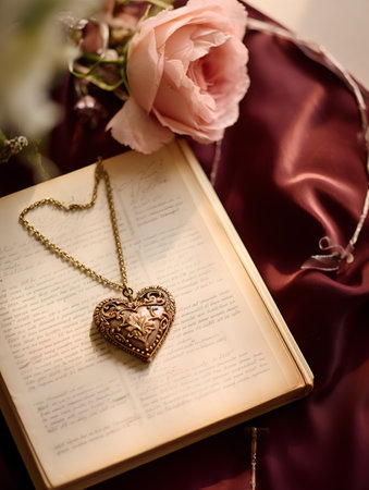 Heart shaped pendant on a golden chain lying on an open bookの素材
