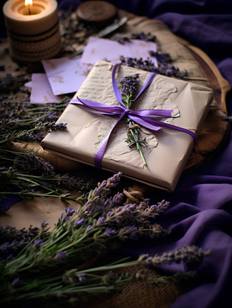 Gift box with lavender flowers on a wooden background. Selective focus.の素材