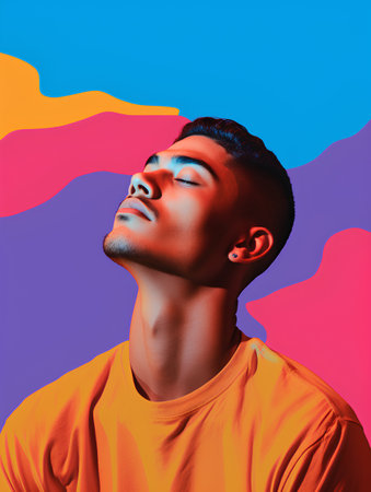Young african american man in orange t-shirt on colorful background.の素材
