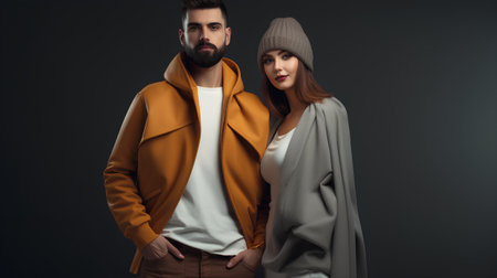 Stylish young couple in warm clothes looking at camera while standing against grey backgroundの素材