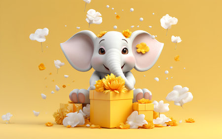 Cute elephant with gift box on yellow background. 3D rendering.の素材