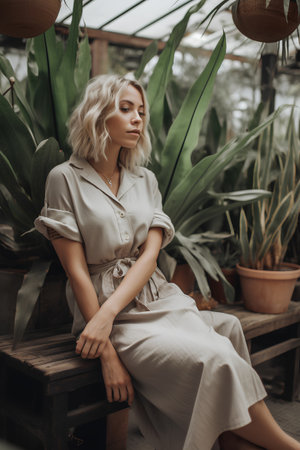 Beautiful young woman with blond hair sitting on a wooden bench in the garden.の素材