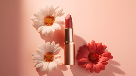 Lipstick and daisy flowers on pastel background. Flat lay, top view.の素材