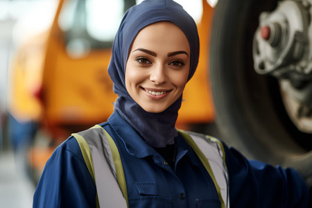 portrait of smiling muslim female auto mechanic in uniform and hijabの素材