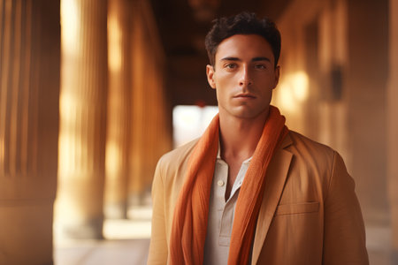 Portrait of a handsome young man in an elegant coat and orange scarf.の素材