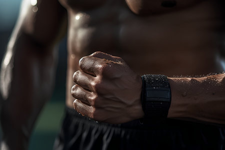 Close-up of male boxer in black sportswear with black wristwatchの素材