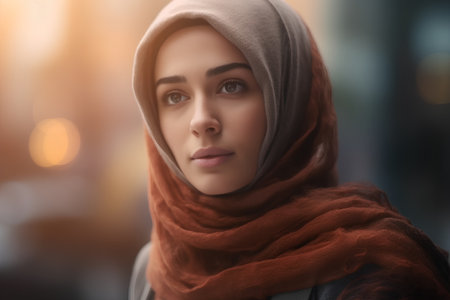 Portrait of a beautiful muslim woman with hijab looking at cameraの素材