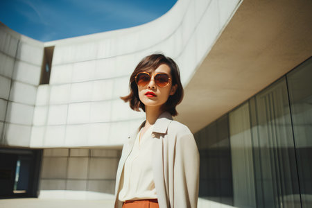 Portrait of a beautiful girl in sunglasses and a white coat.の素材