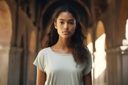 Portrait of a beautiful young woman with long hair in a white T-shirtの素材