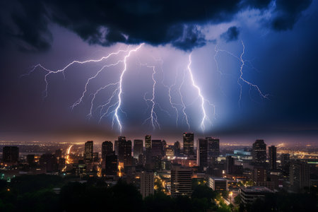 Lightning strikes the city at night, thunderstorm over the cityの素材