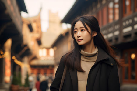 Beautiful asian woman walking in the street of the old townの素材