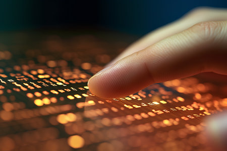 Finger touching digital screen with binary code, 3d render.の素材