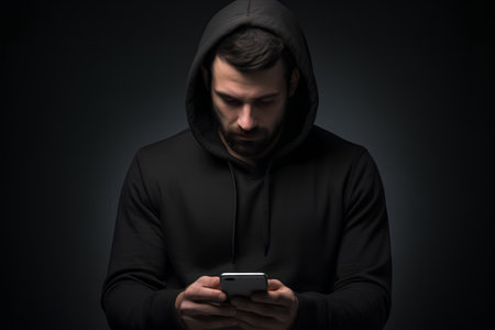 Hooded man sending a text message on mobile phone over black backgroundの素材