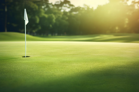 golf ball on green field with sun flare and bokehの素材