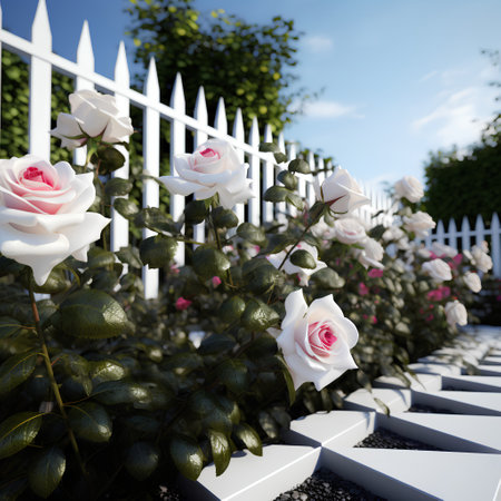 White roses in front of a white picket fence on a sunny dayの素材