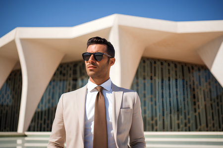 Portrait of a young handsome man in sunglasses and a business suit on the background of modern architectureの素材
