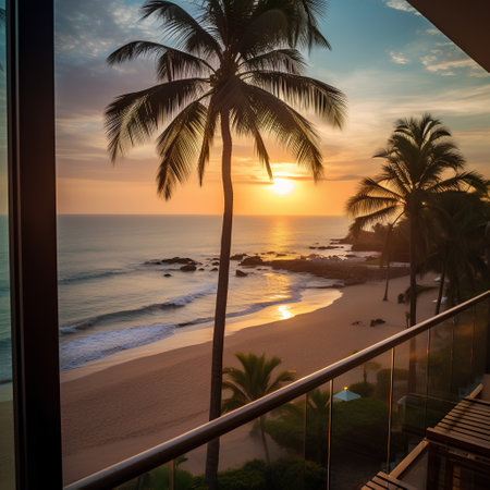 Tropical beach with palm trees at sunset, Sri Lanka.の素材