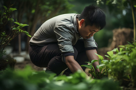 Asian man planting seedlings in the garden. Selective focus. nature.の素材