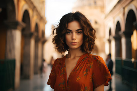 Portrait of a beautiful young woman in a red dress walking in the old city.の素材