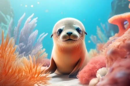 Sea lion on the background of coral and seaweed. 3d illustrationの素材