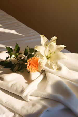 Bouquet of lilies on a white towel in the sunlightの素材
