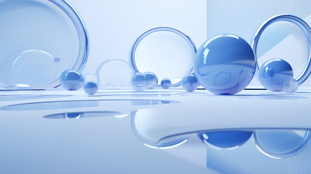 abstract blue background with glass balls and reflection, 3d renderの素材