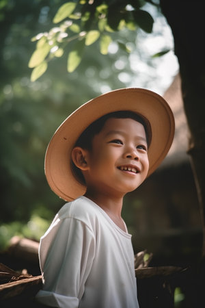Portrait of asian boy wearing hat and white shirt in the gardenの素材