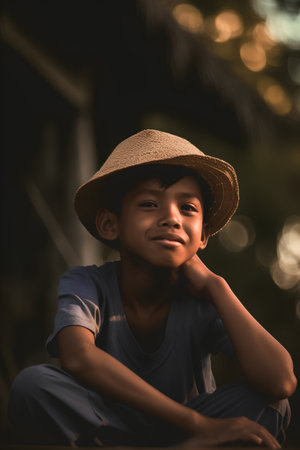 Portrait of a boy in a hat on a background of the setting sunの素材
