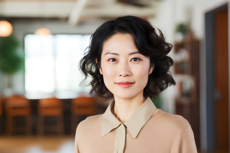 portrait of beautiful asian businesswoman looking at camera in officeの素材